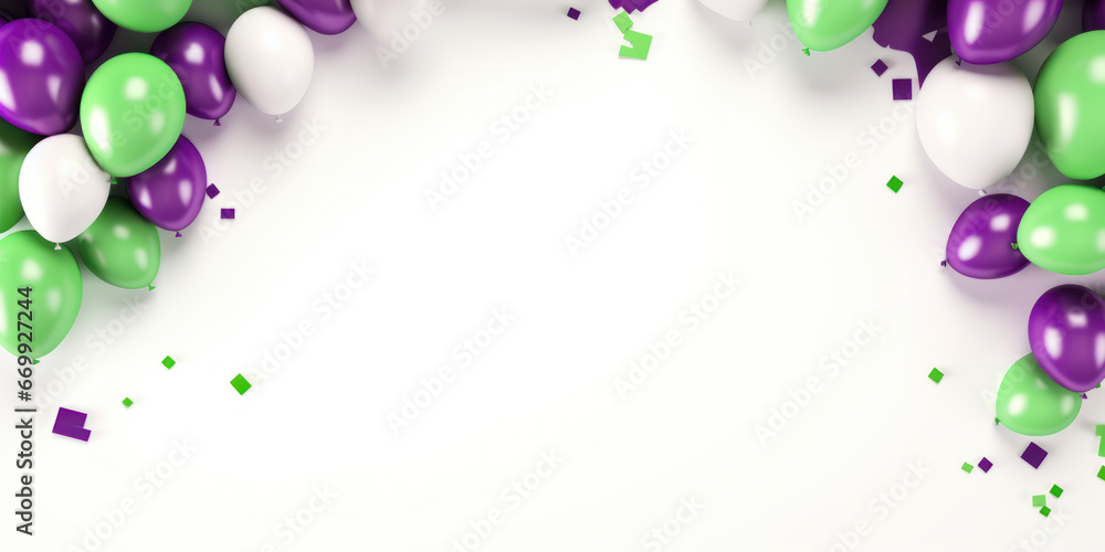 balloon banner green purple border frame on white background with copy space concept of spring sale discount, grand opening, Easter ad, birthday poster balloon banner green purple border frame on white background with copy space concept of spring sale discount, grand opening, Easter ad, birthday poster