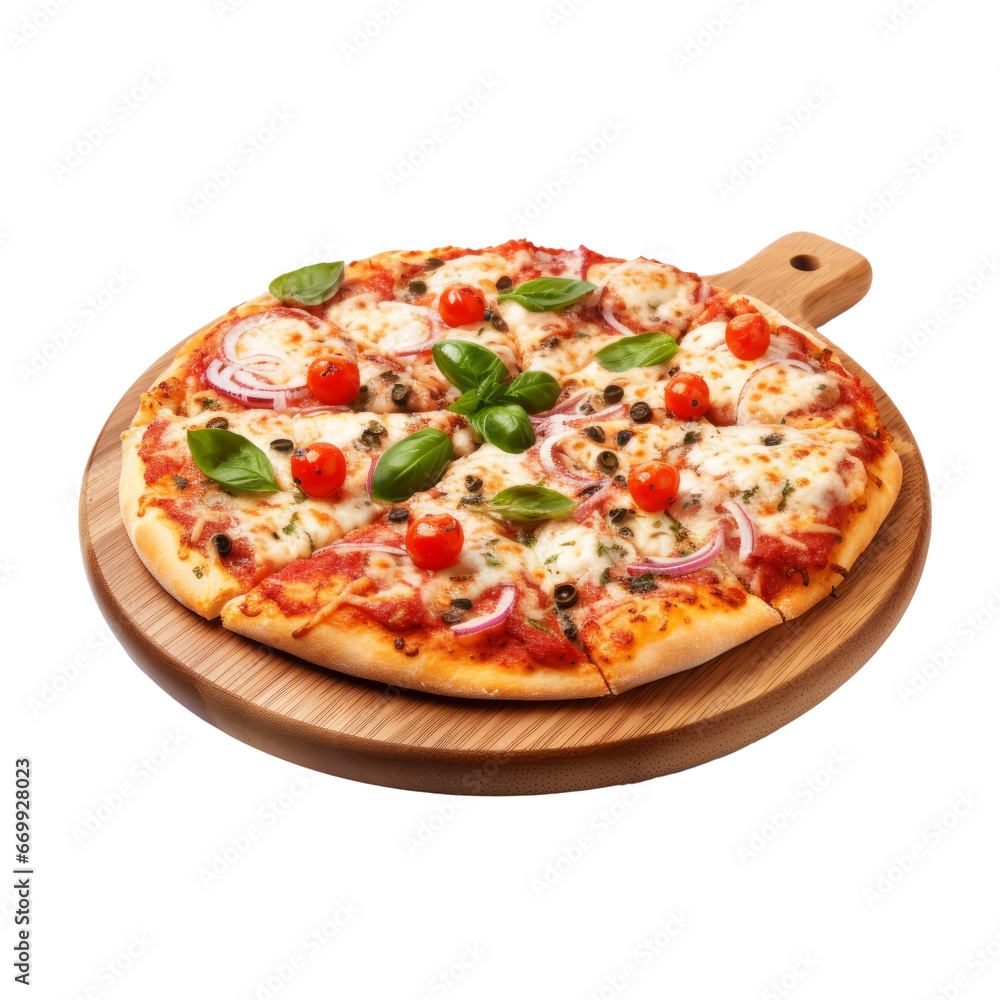 Pizza on wooden cutting board. Realistic cutout element isolated on transparent background. AI generative.