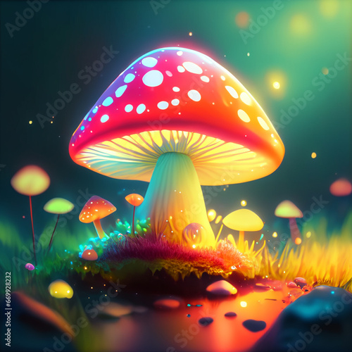 Psychedelic fairytale fly agarics on a blurred glowing background