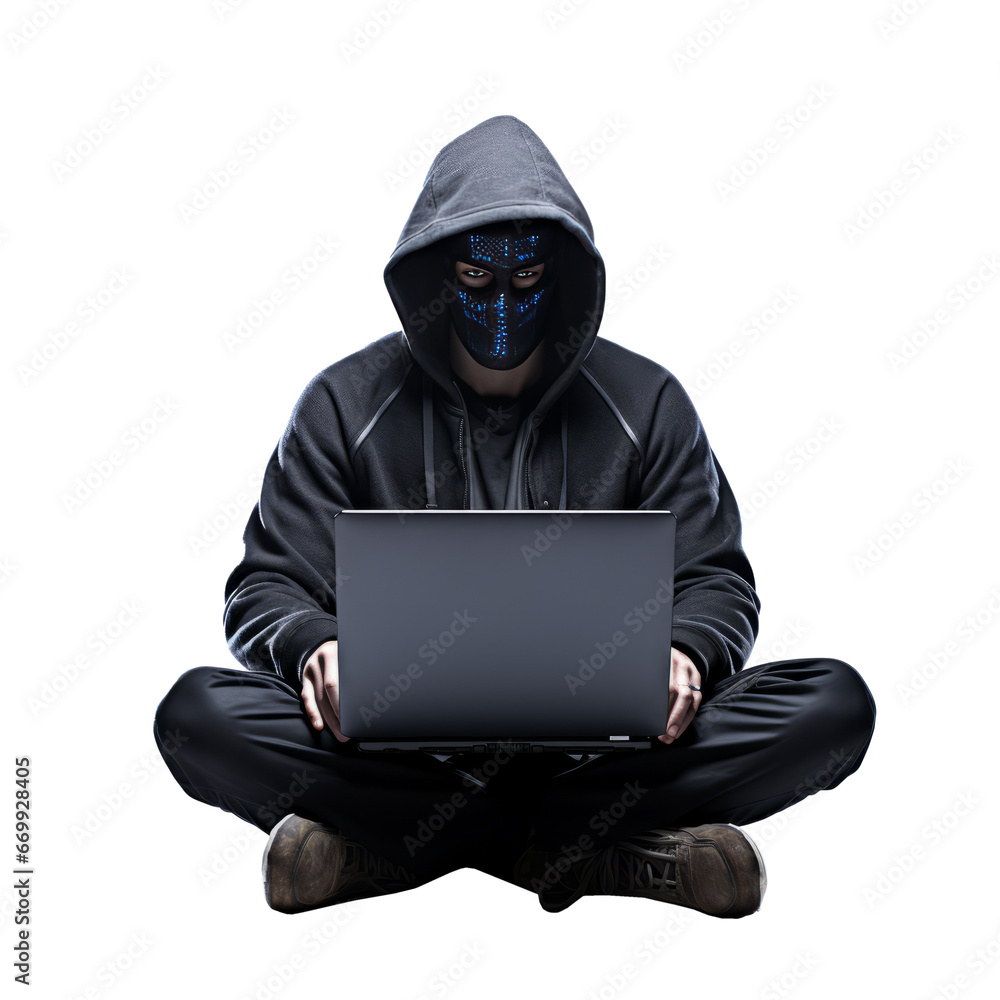 Hacker with laptop isolated on transparent background. AI generative element. Hacker with laptop isolated on transparent background. AI generative element.