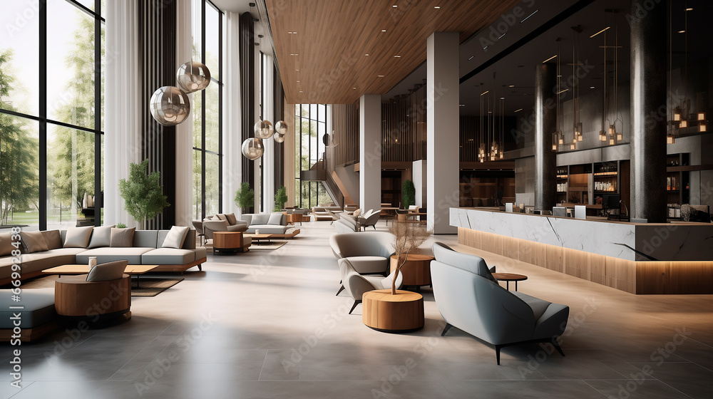 Modern reception lobby area and interior design of a luxury Hotel  - obrazy, fototapety, plakaty 