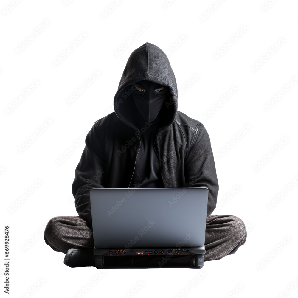 Hacker with laptop isolated on transparent background. AI generative element. Hacker with laptop isolated on transparent background. AI generative element.
