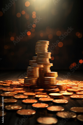 many coins are stacked together on the table. 