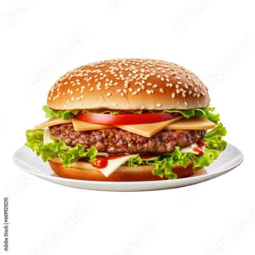 Burger on white plate isolated on transparent background. Element. AI generative.