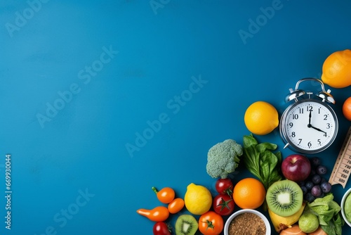 Flat lay with dumbbells, tape measure, cutlery, alarm clock, vegetables, fruits on blue background. Promotes healthy diet and weight loss. Generative AI