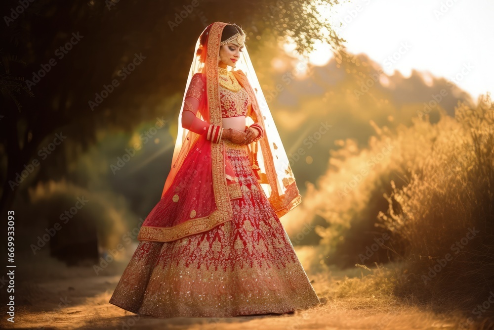 cultural indian bridal lehenga dress photography for wedding celebration - obrazy, fototapety, plakaty 