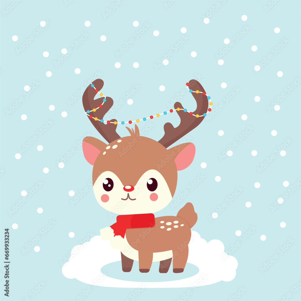 cute Christmas, New Year's deer with a garland on the antlers. printing on gift bags, cups, clothes cute Christmas, New Year's deer with a garland on the antlers. printing on gift bags, cups, clothes