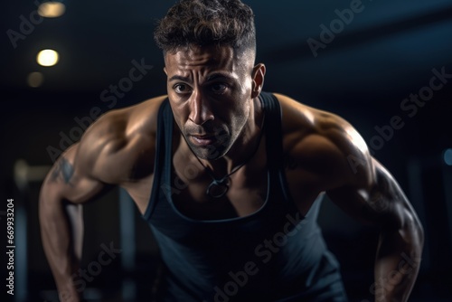 muscular and healthy sportsman working out at gym
