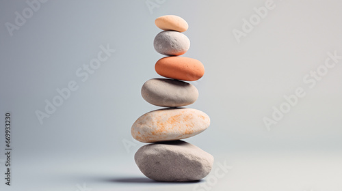 Stones in different colors and sizes are stacked on top of each other in a way that they are balanced and create a tower-like structure. Plain grey background. Minimalistic feel to it.