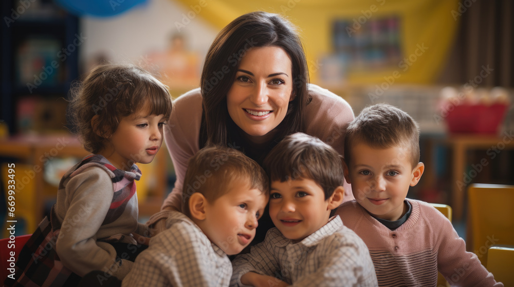 A teacher in a kindergarten or elementary school surrounded by her students. A teacher in a kindergarten or elementary school surrounded by her students.
