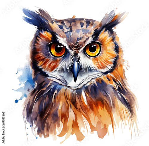 Watercolor cute night owl. Generative AI, png image. © Julia 