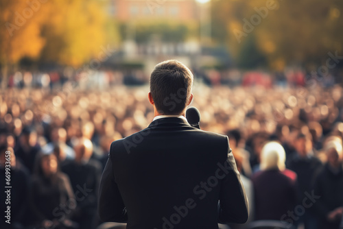 Photo of a male giving speech and a crowd in background photo