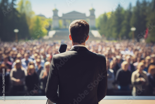 Photo of a male giving speech and a crowd in background © Kalim