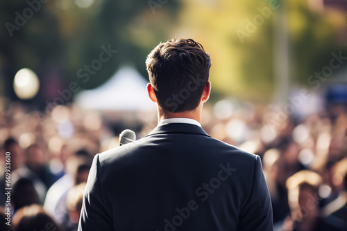 Photo of a male giving speech and a crowd in background photo