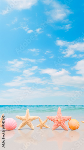 A beach scene with starfish and seashells on the sand. Blue sky with white clouds and a turquoise ocean on the background. 