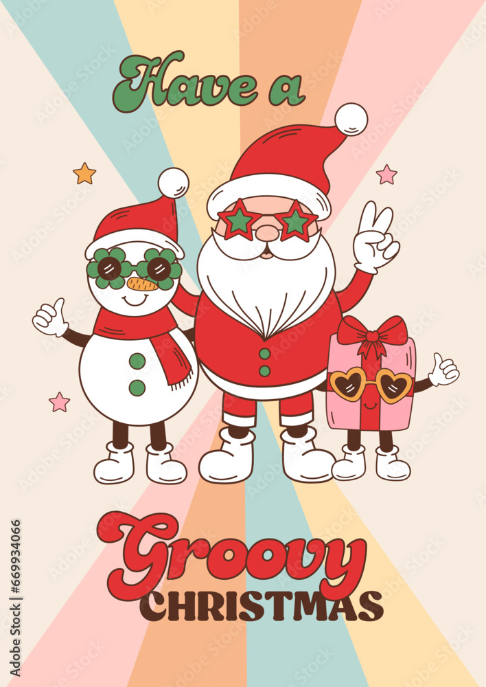 Christmas poster with groovy retro Santa, snowman, gift Christmas poster with groovy retro Santa, snowman, gift