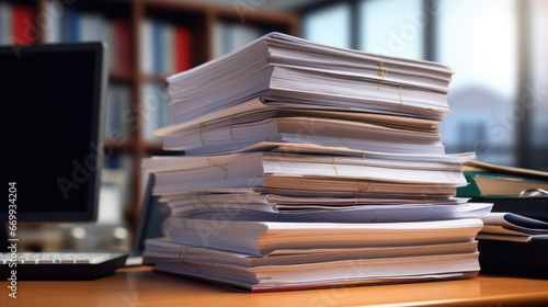 Stack of documents on the office desk.
