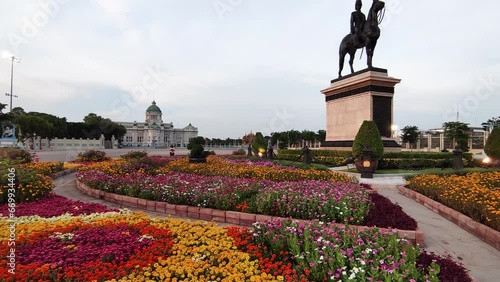 Equestrian Statue of King Chulalongkorn in Dusit Palce Square with Dusit Palace in Background, Thailand photo