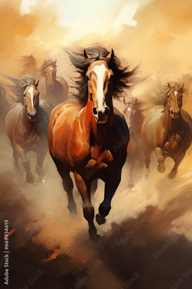 portrait pictures group of horses, horse paintings picture for wall decoration. Generative AI