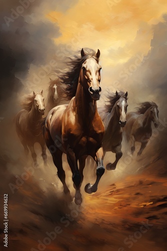 portrait pictures group of horses, horse paintings picture for wall decoration. Generative AI