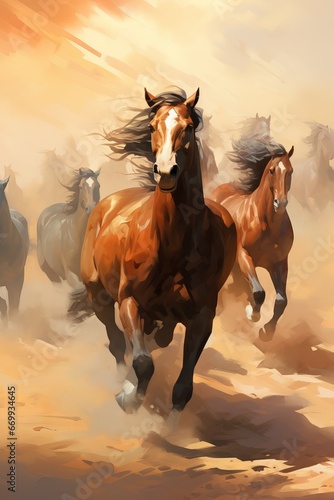 portrait pictures group of horses  horse paintings picture for wall decoration. Generative AI