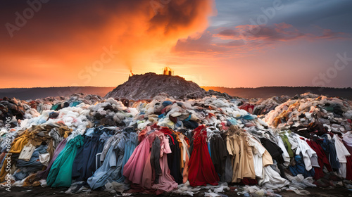 Mountain of used clothes in a landfill. Global problem with clothing recycling photo