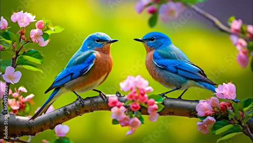 a blue bird sitting on branch with pink flowers, Generative AI © Shinn