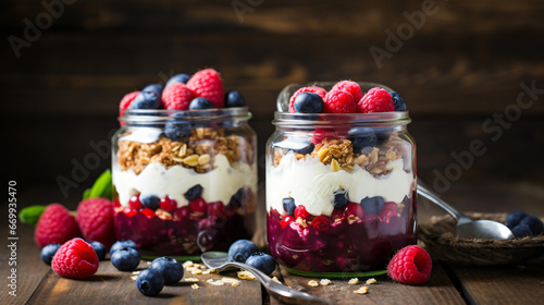 Blueberry and raspberry parfaits in mason jars 