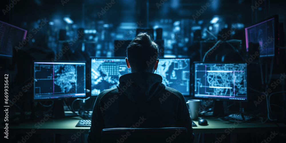 Tech Enthusiast Monitoring Global Data in a Dark Control Room. Hacker concept. Generative AI Tech Enthusiast Monitoring Global Data in a Dark Control Room. Hacker concept. Generative AI