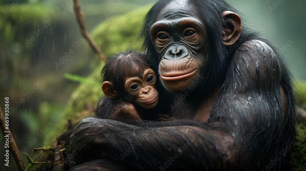 Bonobo mother and baby in Congo Africa