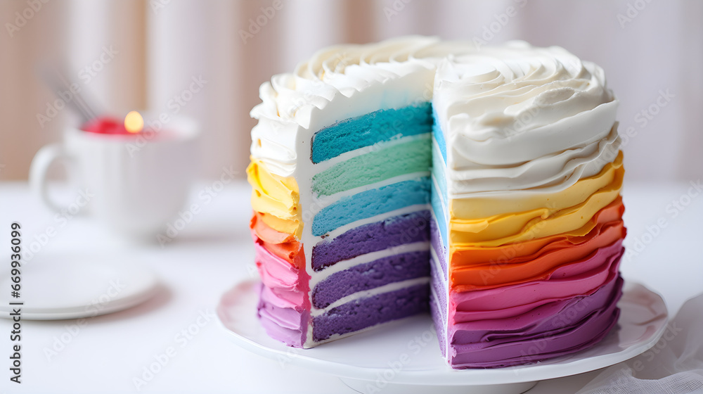 Rainbow multicolored cake with whipped cream top on light background. Colorful Birthday cake with cream cheese frosting, berries and flowers. Rainbow multicolored cake with whipped cream top on light background. Colorful Birthday cake with cream cheese frosting, berries and flowers.