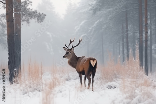 Portrait of deer in the forest in winter