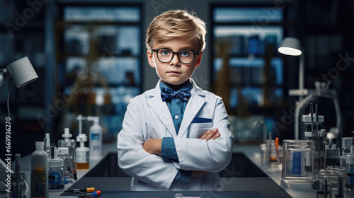 Little boy portrays a scientist in a classroom or lab.