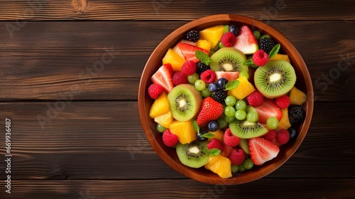 Colorful Fruit Salad on Wooden Table generated by AI tool 