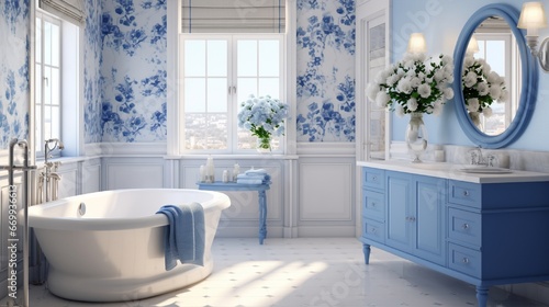 Elegant bathroom Interior with Blue Flooring and White Furniture generated by AI tool 