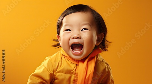 Asian kids portrait with happy expression isolated on yellow background