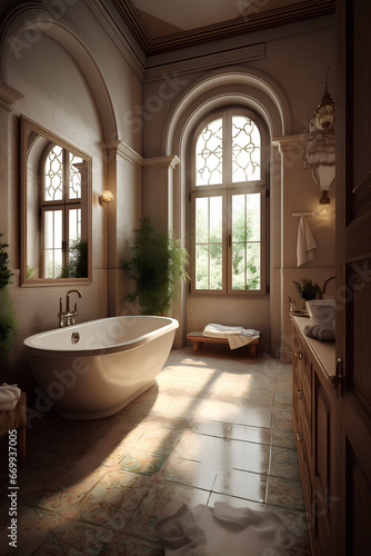 Mediterranean style interior of bathroom with large window and white bath.