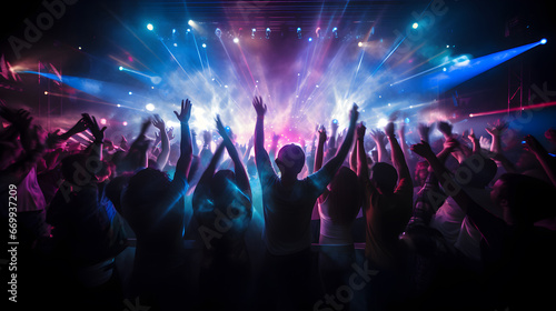 Silhouette image of people in ultraviolet light dance in disco night club to music from DJ on stage . New year night party and nightlife concept . photo