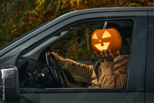 halloween jack o lantern in the car