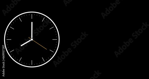 Clock face time lapse on black background with copy space for text. Clock time ticking on a classic Wall Clock. Shadows moving over the Watch. Doomsday clock isolated running. Animation Concept 4K 
