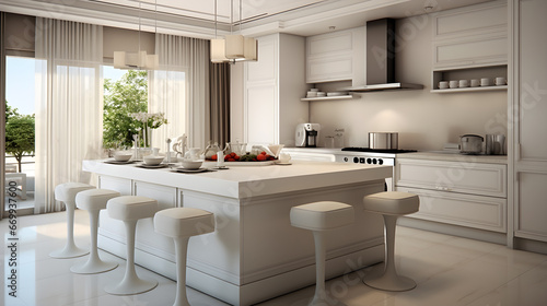 Luxury interior design of modern trendy snow white kitchen in minimalistic style with island and bar stools and huge windows to the floor