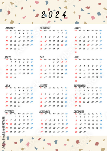 2024年の日本の年間カレンダー　テラゾー柄