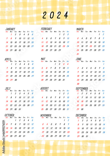 2024年の日本の年間カレンダー　水彩チェック柄