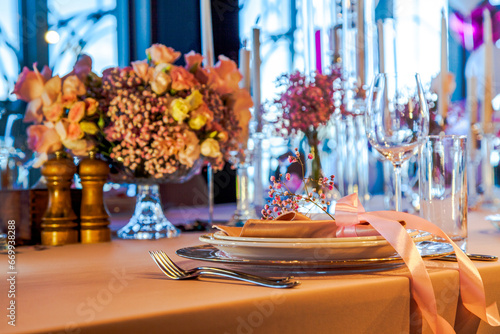 Luxurious dinner table setting in a restaurant