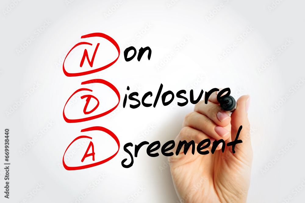 NDA Non-Disclosure Agreement - legal contract between two parties that outlines confidential material, acronym text concept background - obrazy, fototapety, plakaty 