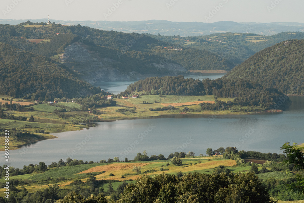 A beautiful view of Rovni artificial lake and its surroundings in western Serbia