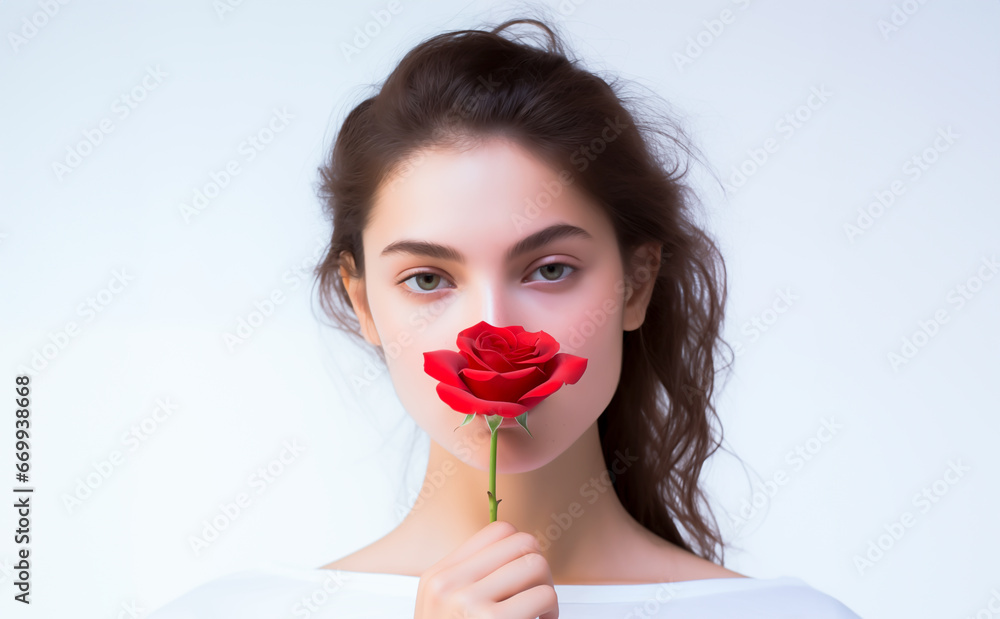 Young female model holding and smelling a red rose. Concept of skincare, beauty and health for women. Isolated on white background with copy space. Young female model holding and smelling a red rose. Concept of skincare, beauty and health for women. Isolated on white background with copy space.