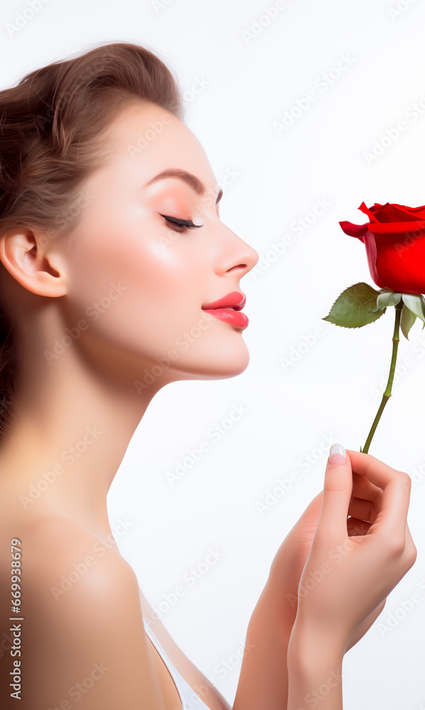 Young female model holding and smelling a red rose. Concept of skincare, beauty and health for women. Isolated on white background with copy space.