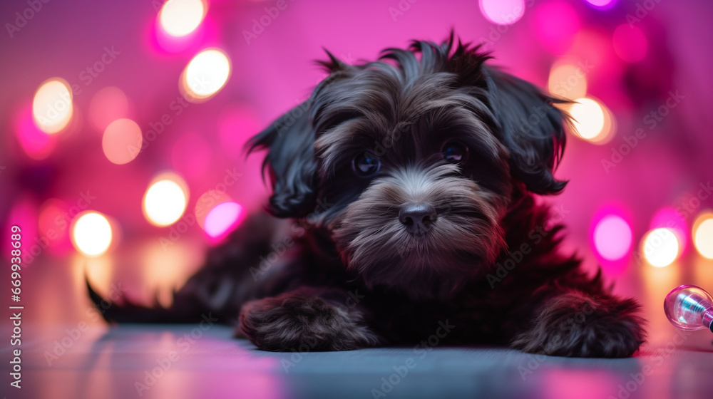 little cute black dog lying on the floor. Neon lights background, blue, pink, yelliw lights bokeh. Christmas party concept. Generative AI