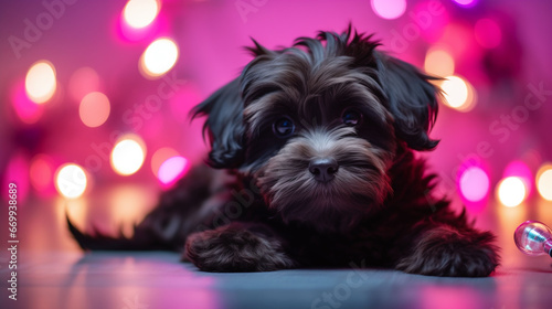 little cute black dog lying on the floor. Neon lights background, blue, pink, yelliw lights bokeh. Christmas party concept. Generative AI photo